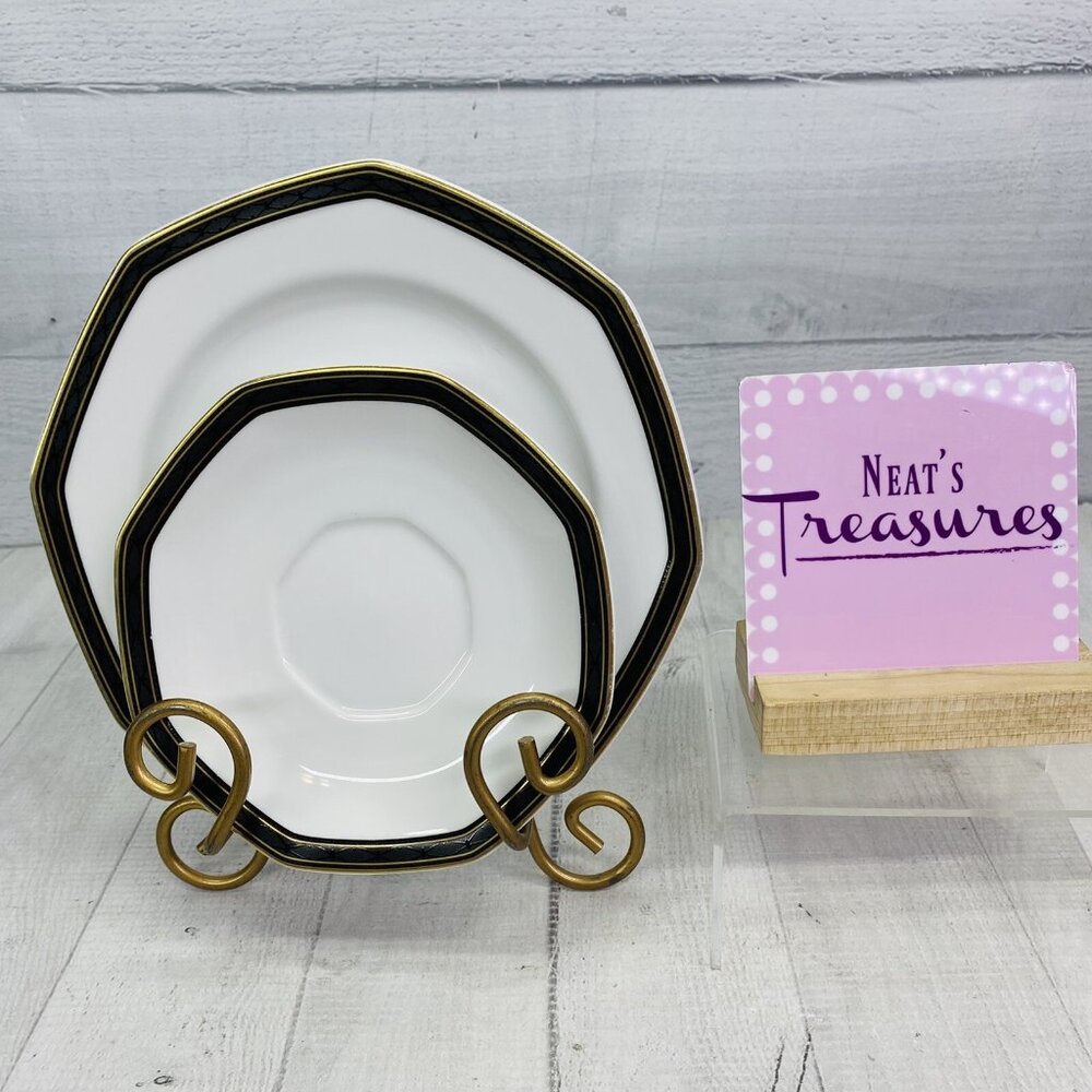 Christopher Stuart BLACK DRESS China Octagonal Gold  Salad Plate & Saucer Set 2